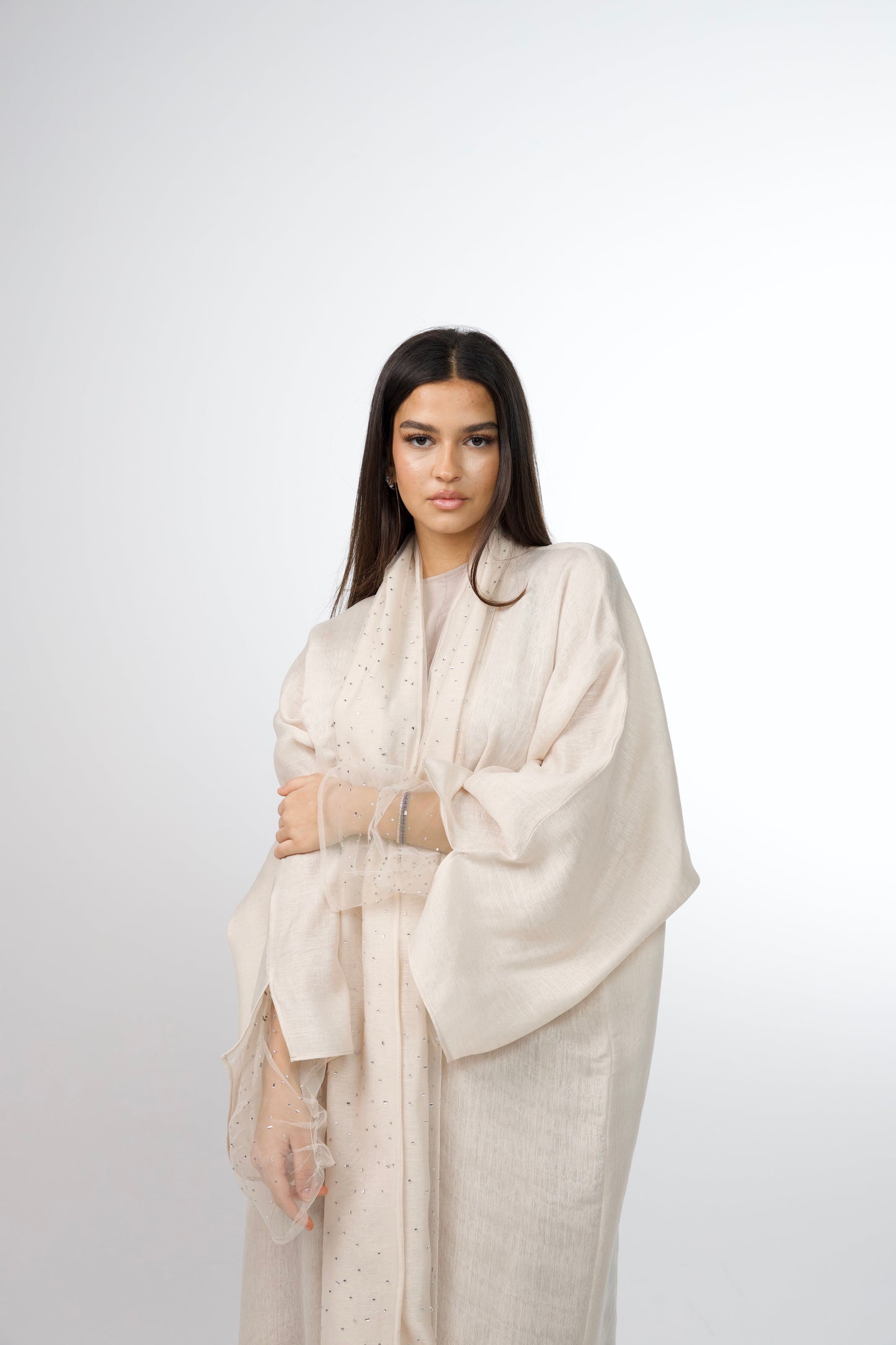 bling abaya in beige